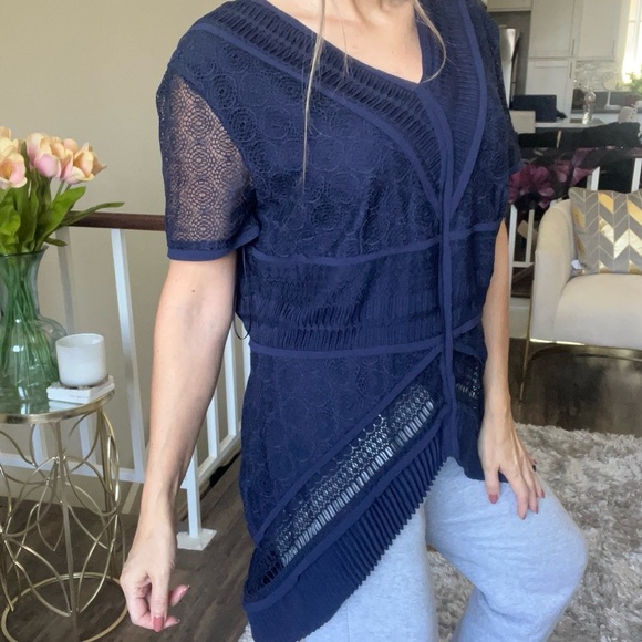 Talbot Runhof Navy Lace V-Neck High Low Short Sleeves Blouse Top Back Zip Vtg L - Picture 4 of 16